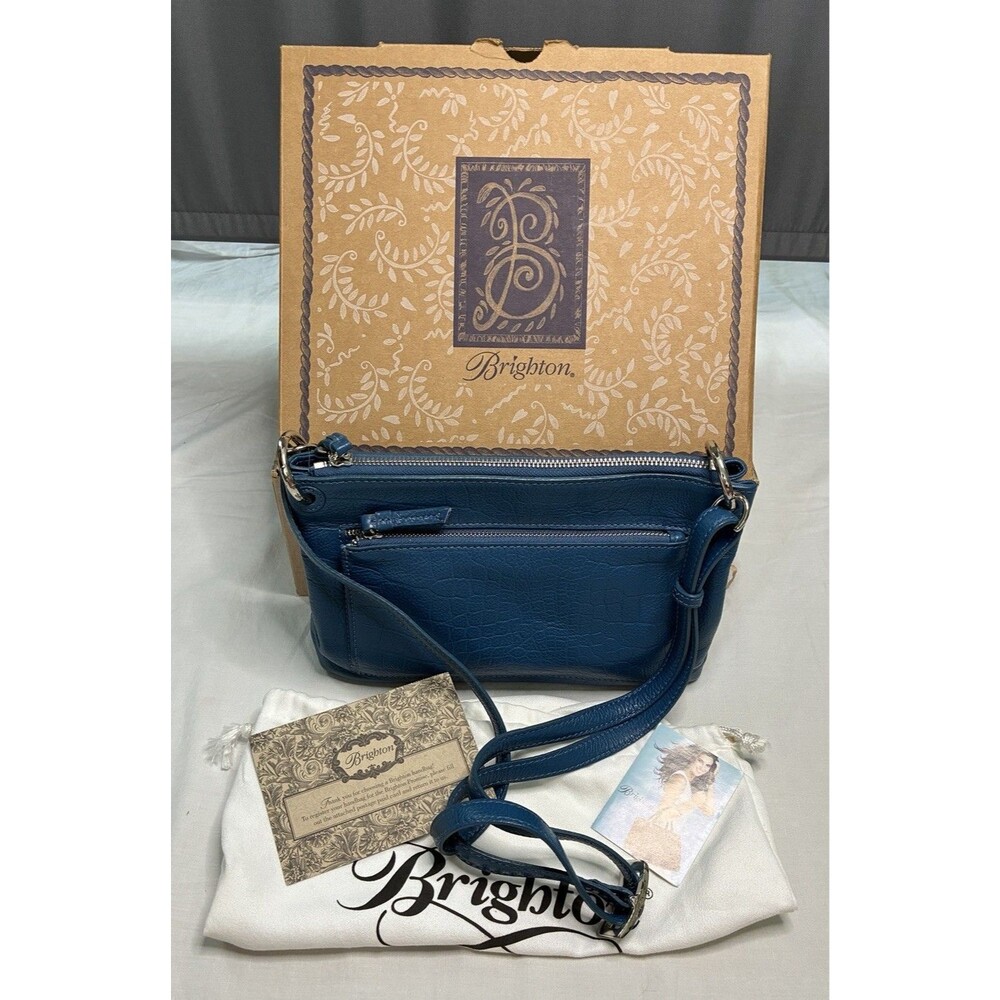 Brighton Bria Croco Embossed Leather Crossbody Messenger Bag Lagoon Blue Boxed